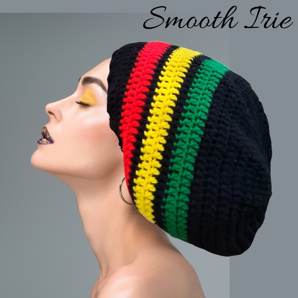 Crochet Tam Smooth Irie Rasta Black Slouchy Hat Reggae Dreadlock Crown NWT